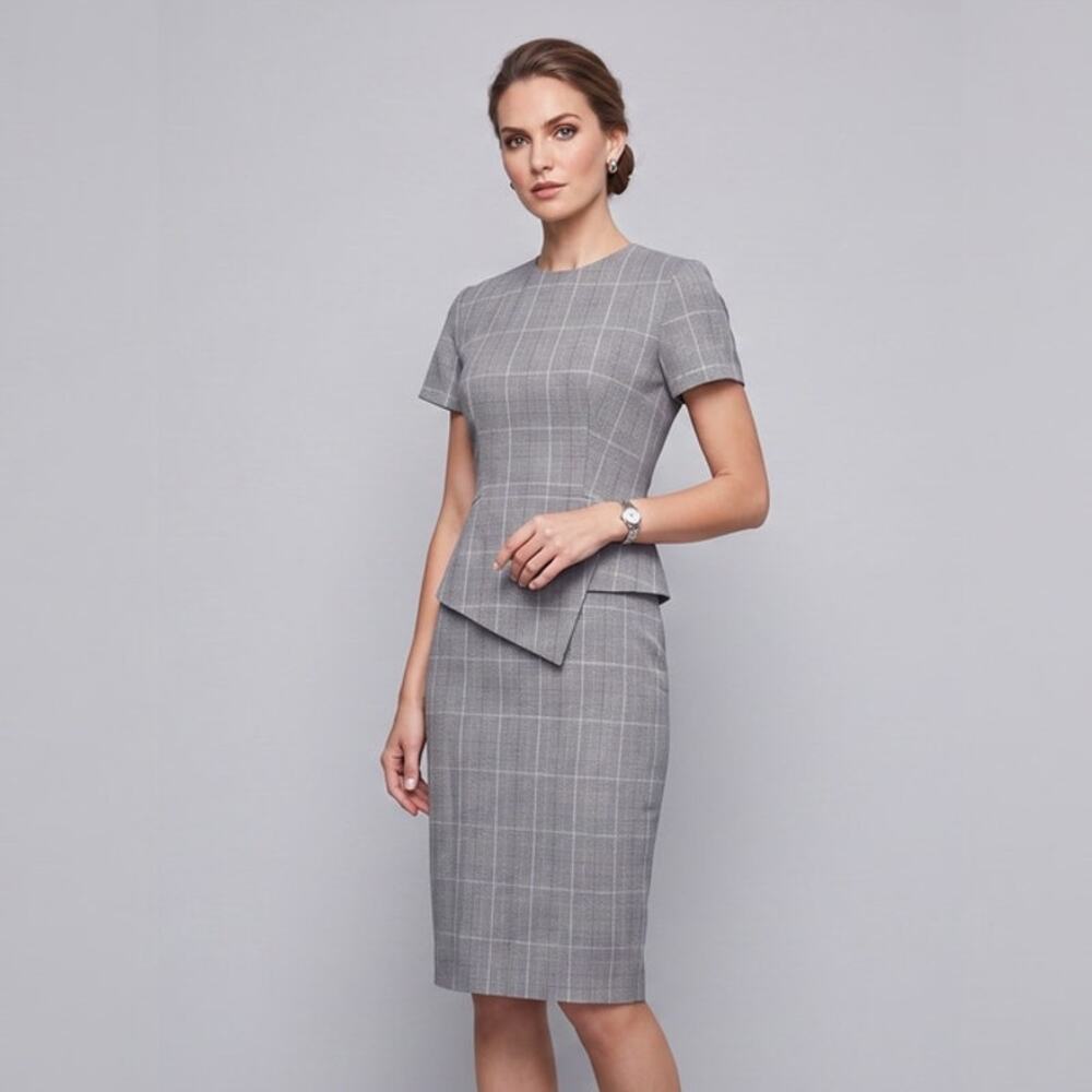 Ted Baker London Peplum Sheath Dress 0 Gray Plaid Check Tailored Workwear Pencil